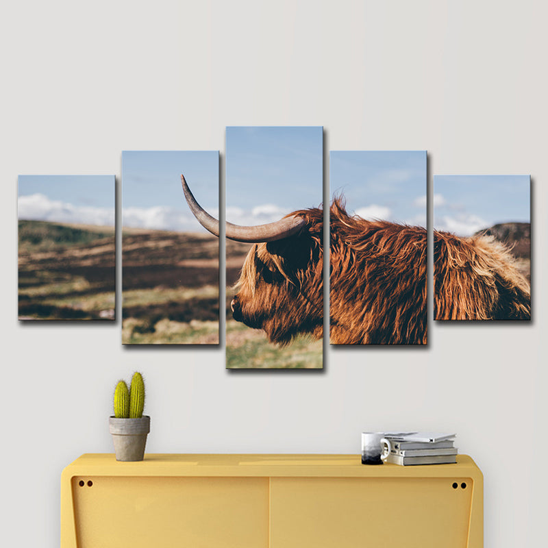 Photo Printed Yak Canvas Wall Art for Living Room, Brown and Blue, Multiple-Piece Clearhalo 'Art Gallery' 'Canvas Art' 'Contemporary Art Gallery' 'Modern' Arts' 1616416