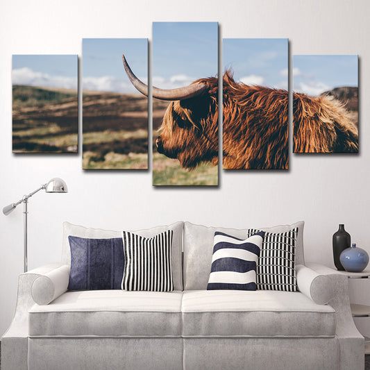 Photo Printed Yak Canvas Wall Art for Living Room, Brown and Blue, Multiple-Piece Clearhalo 'Art Gallery' 'Canvas Art' 'Contemporary Art Gallery' 'Modern' Arts' 1616417