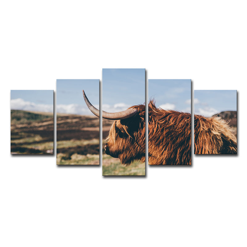 Photo Printed Yak Canvas Wall Art for Living Room, Brown and Blue, Multiple-Piece Clearhalo 'Art Gallery' 'Canvas Art' 'Contemporary Art Gallery' 'Modern' Arts' 1616418