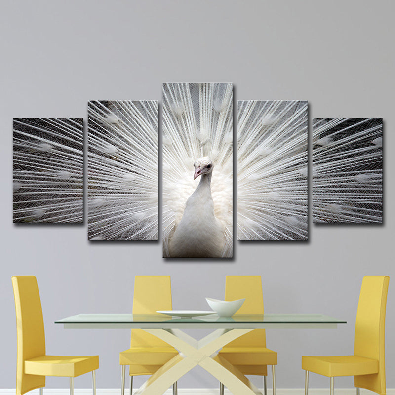 Peafowl Wall Art in White Canvas Print for Home Decoration, Multiple-Piece Clearhalo 'Art Gallery' 'Canvas Art' 'Contemporary Art Gallery' 'Modern' Arts' 1616423