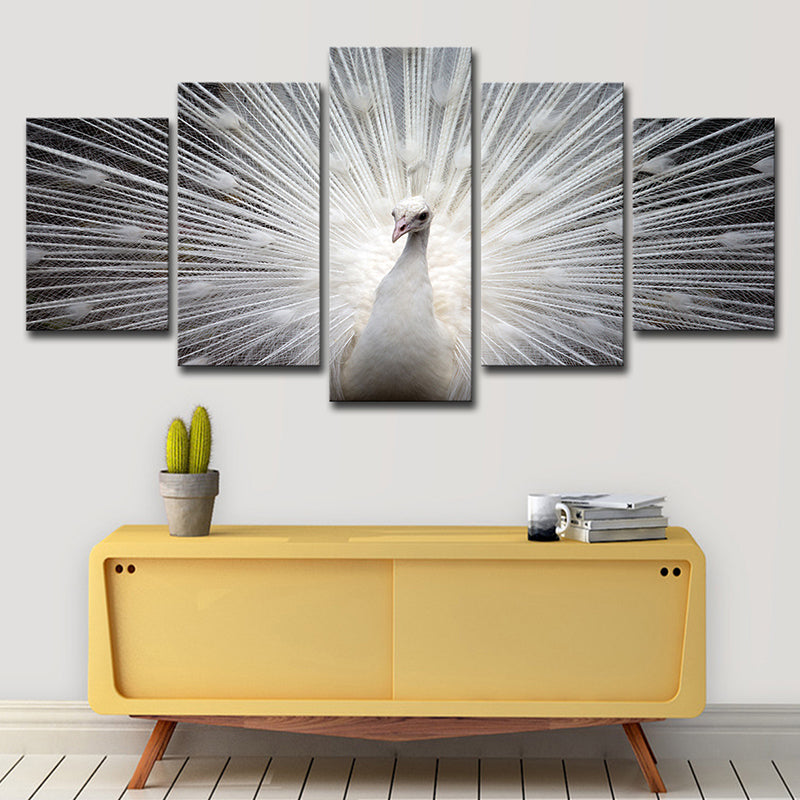 Peafowl Wall Art in White Canvas Print for Home Decoration, Multiple-Piece Clearhalo 'Art Gallery' 'Canvas Art' 'Contemporary Art Gallery' 'Modern' Arts' 1616424