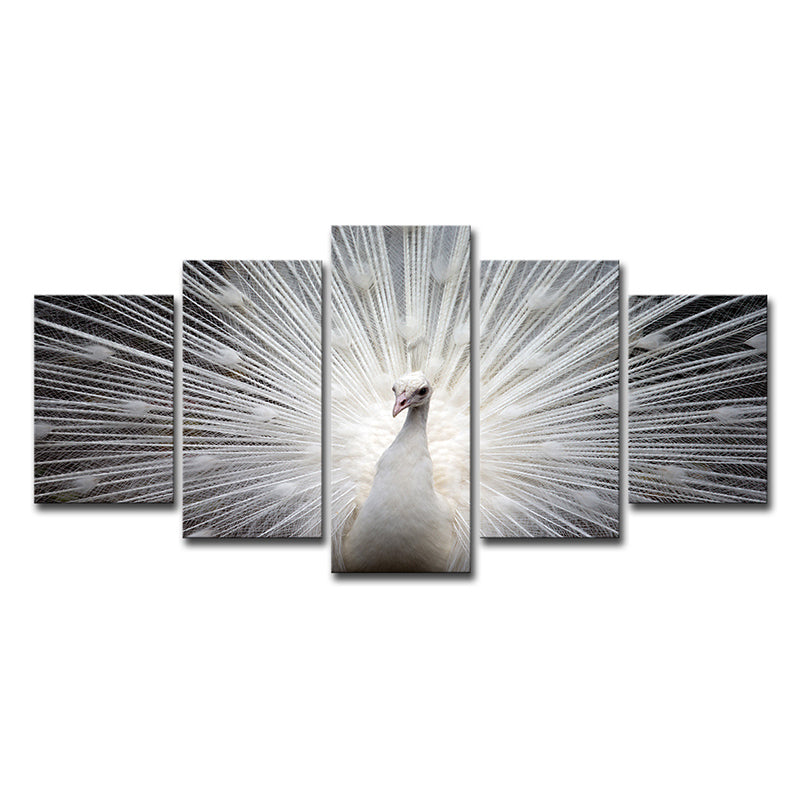 Peafowl Wall Art in White Canvas Print for Home Decoration, Multiple-Piece Clearhalo 'Art Gallery' 'Canvas Art' 'Contemporary Art Gallery' 'Modern' Arts' 1616425