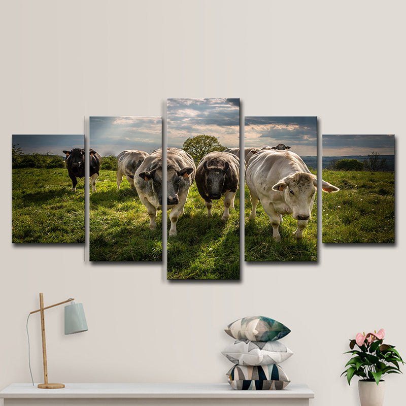 Multi-Piece Green Canvas Modern Herd of Cow on the Meadow Wall Art Print for Family Room Clearhalo 'Art Gallery' 'Canvas Art' 'Contemporary Art Gallery' 'Modern' Arts' 1616430