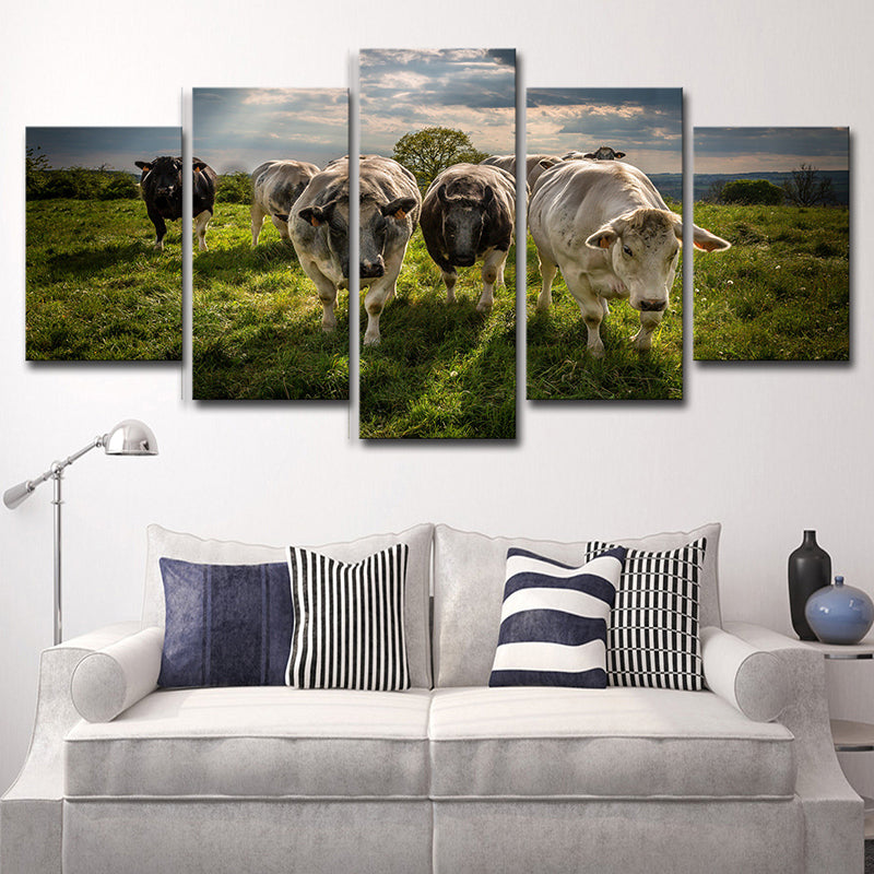 Multi-Piece Green Canvas Modern Herd of Cow on the Meadow Wall Art Print for Family Room Clearhalo 'Art Gallery' 'Canvas Art' 'Contemporary Art Gallery' 'Modern' Arts' 1616431