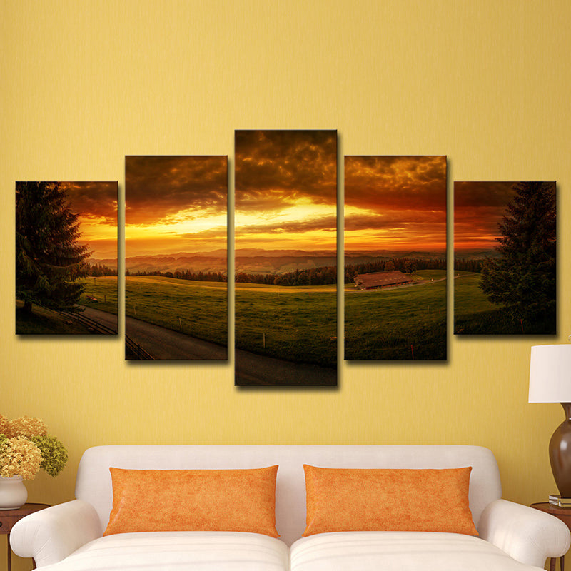 Sundown Farmland Scenery Wall Art Yellow Modernist Canvas Print for Sitting Room Clearhalo 'Art Gallery' 'Canvas Art' 'Contemporary Art Gallery' 'Modern' Arts' 1616444