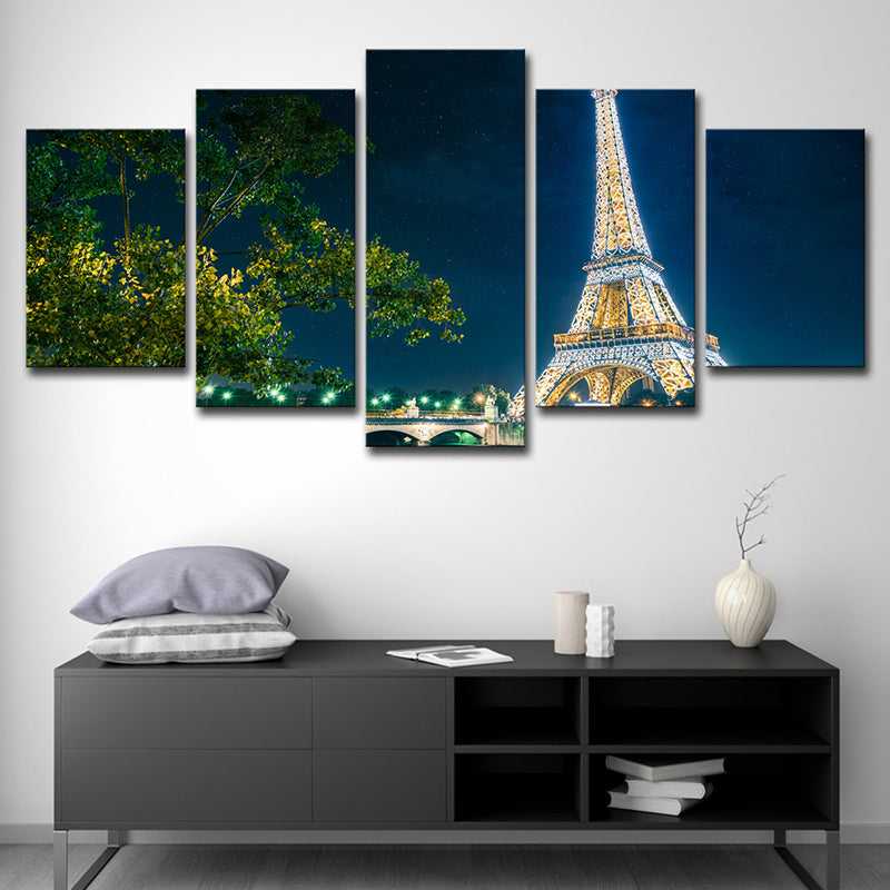 Blue Global Inspired Canvas Night Eiffel Tower View Wall Art Print for Family Room Blue Clearhalo 'Art Gallery' 'Canvas Art' 'Contemporary Art Gallery' 'Modern' Arts' 1616450