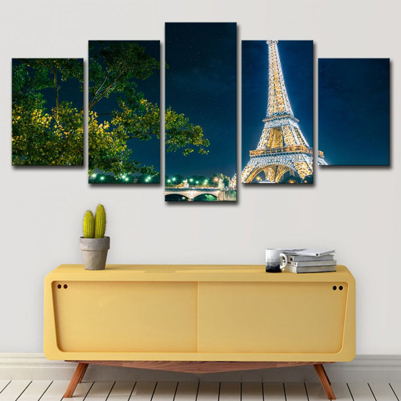 Blue Global Inspired Canvas Night Eiffel Tower View Wall Art Print for Family Room Clearhalo 'Art Gallery' 'Canvas Art' 'Contemporary Art Gallery' 'Modern' Arts' 1616452