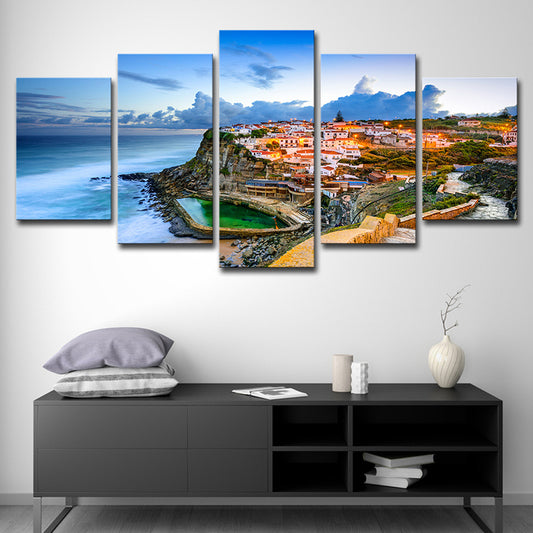 Picturesque Portugal Canvas Print Home Coastal Town Seascape Wall Art Decor in Blue Blue Clearhalo 'Art Gallery' 'Canvas Art' 'Contemporary Art Gallery' 'Modern' Arts' 1616457