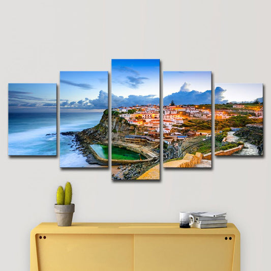 Picturesque Portugal Canvas Print Home Coastal Town Seascape Wall Art Decor in Blue Clearhalo 'Art Gallery' 'Canvas Art' 'Contemporary Art Gallery' 'Modern' Arts' 1616458