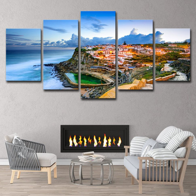 Picturesque Portugal Canvas Print Home Coastal Town Seascape Wall Art Decor in Blue Clearhalo 'Art Gallery' 'Canvas Art' 'Contemporary Art Gallery' 'Modern' Arts' 1616459