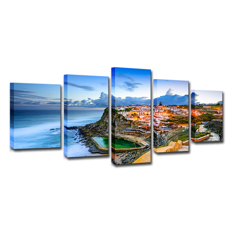 Picturesque Portugal Canvas Print Home Coastal Town Seascape Wall Art Decor in Blue Clearhalo 'Art Gallery' 'Canvas Art' 'Contemporary Art Gallery' 'Modern' Arts' 1616460