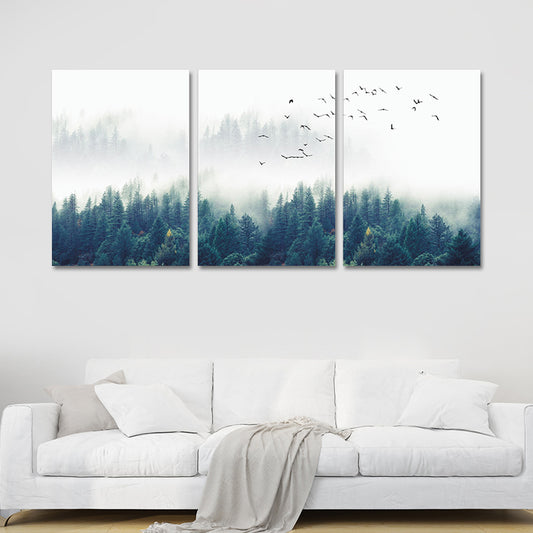 Textured Green Canvas Print Modern Bird Flocks Flying over Misty Forest Wall Art Set Clearhalo 'Art Gallery' 'Canvas Art' 'Contemporary Art Gallery' 'Modern' Arts' 1616479