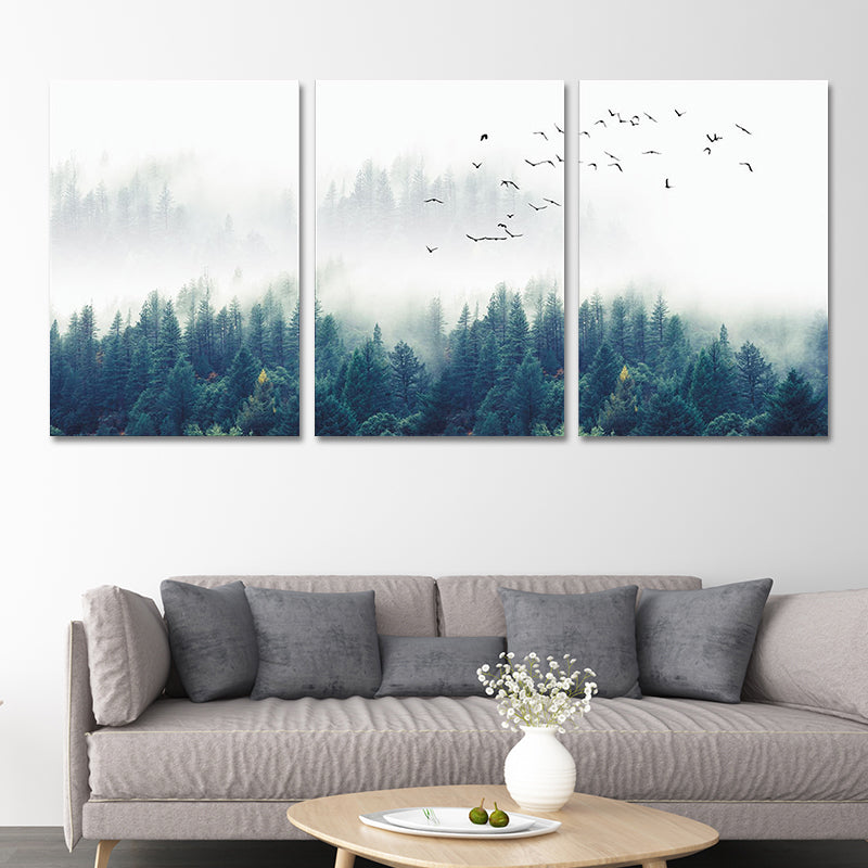 Textured Green Canvas Print Modern Bird Flocks Flying over Misty Forest Wall Art Set Clearhalo 'Art Gallery' 'Canvas Art' 'Contemporary Art Gallery' 'Modern' Arts' 1616480
