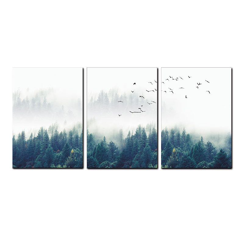 Textured Green Canvas Print Modern Bird Flocks Flying over Misty Forest Wall Art Set Clearhalo 'Art Gallery' 'Canvas Art' 'Contemporary Art Gallery' 'Modern' Arts' 1616481