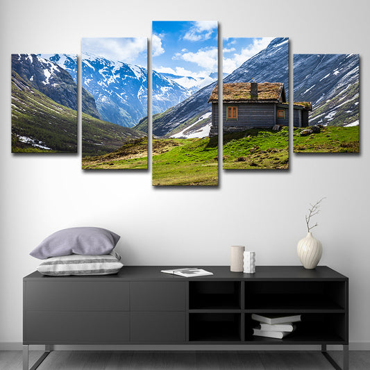 Contemporary Log Cabin Wall Art Blue Valley Scenery Canvas Print for Sitting Room Sky Blue Clearhalo 'Art Gallery' 'Canvas Art' 'Contemporary Art Gallery' 'Modern' Arts' 1616499