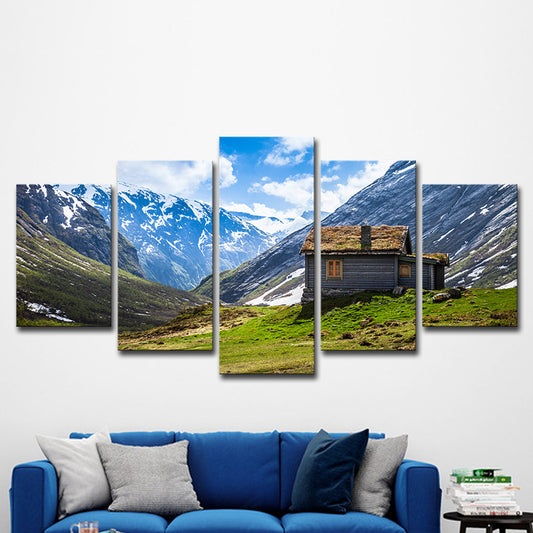 Contemporary Log Cabin Wall Art Blue Valley Scenery Canvas Print for Sitting Room Clearhalo 'Art Gallery' 'Canvas Art' 'Contemporary Art Gallery' 'Modern' Arts' 1616500