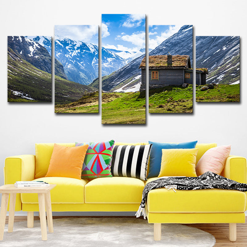Contemporary Log Cabin Wall Art Blue Valley Scenery Canvas Print for Sitting Room Clearhalo 'Art Gallery' 'Canvas Art' 'Contemporary Art Gallery' 'Modern' Arts' 1616501