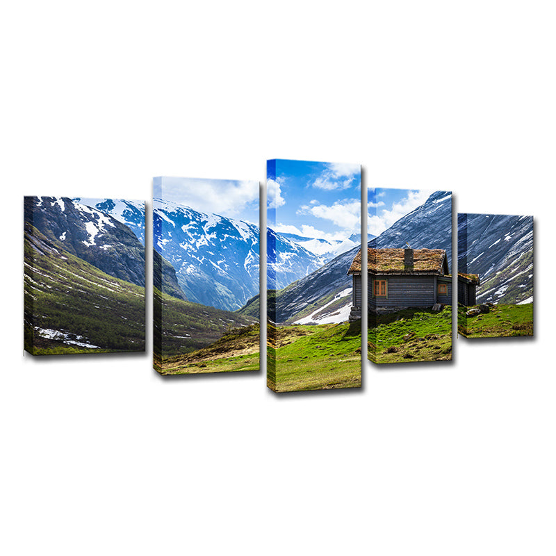 Contemporary Log Cabin Wall Art Blue Valley Scenery Canvas Print for Sitting Room Clearhalo 'Art Gallery' 'Canvas Art' 'Contemporary Art Gallery' 'Modern' Arts' 1616502