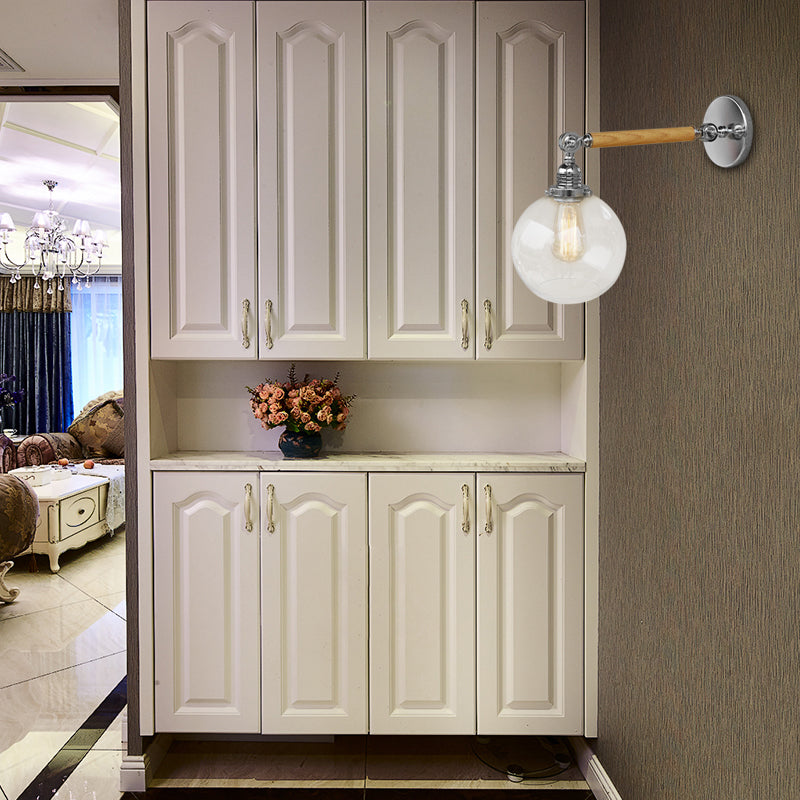 Vintage Orb Wall Lighting Fixture 1 Bulb Clear Glass Sconce Light in Chrome for Bathroom, 8"/4"/6" Wide Wooden Arm Clear Clearhalo 'Industrial wall lights' 'Industrial' 'Middle century wall lights' 'Rustic wall lights' 'Tiffany' 'Wall Lamps & Sconces' 'Wall Lights' Lighting' 161652