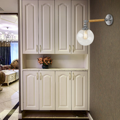 Vintage Orb Wall Lighting Fixture 1 Bulb Clear Glass Sconce Light in Chrome for Bathroom, 8"/4"/6" Wide Wooden Arm Clear Clearhalo 'Industrial wall lights' 'Industrial' 'Middle century wall lights' 'Rustic wall lights' 'Tiffany' 'Wall Lamps & Sconces' 'Wall Lights' Lighting' 161652