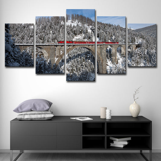 Grey Snowy Mountain Forest Art Print Viaduct Modern Multi-Piece Wall Decor for Home Clearhalo 'Art Gallery' 'Canvas Art' 'Contemporary Art Gallery' 'Modern' Arts' 1616535