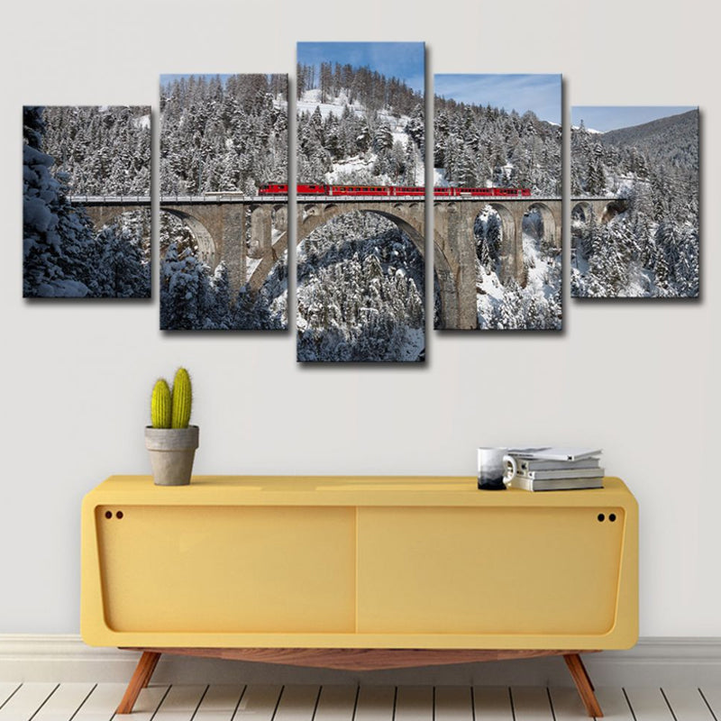 Grey Snowy Mountain Forest Art Print Viaduct Modern Multi-Piece Wall Decor for Home Clearhalo 'Art Gallery' 'Canvas Art' 'Contemporary Art Gallery' 'Modern' Arts' 1616536