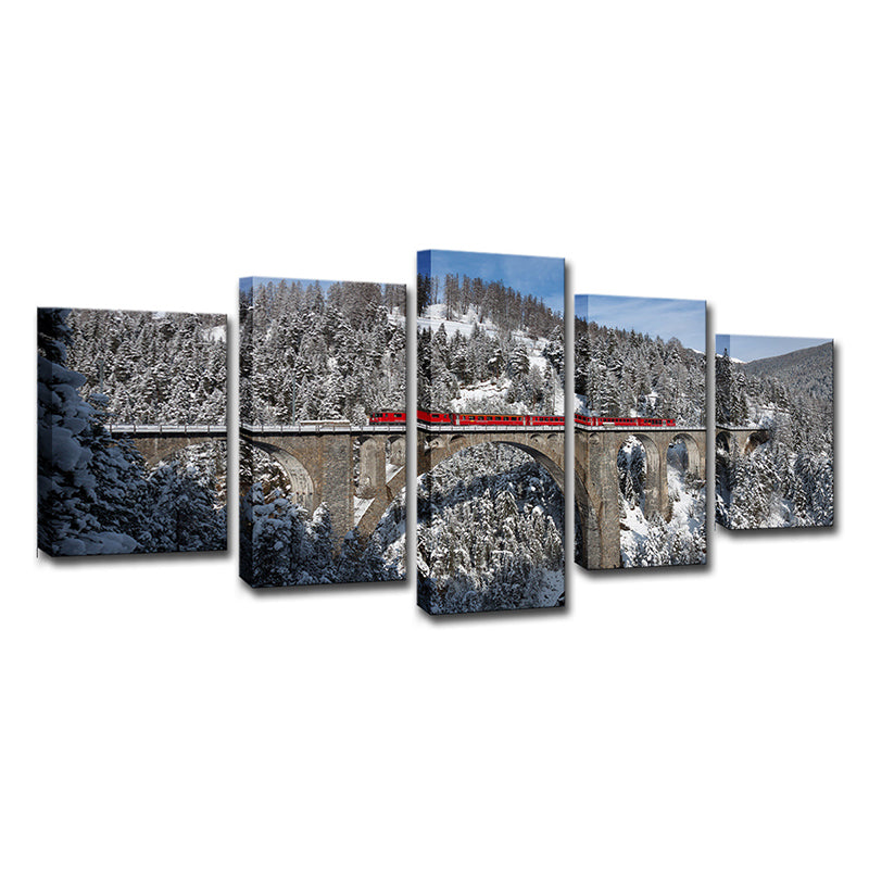Grey Snowy Mountain Forest Art Print Viaduct Modern Multi-Piece Wall Decor for Home Clearhalo 'Art Gallery' 'Canvas Art' 'Contemporary Art Gallery' 'Modern' Arts' 1616537