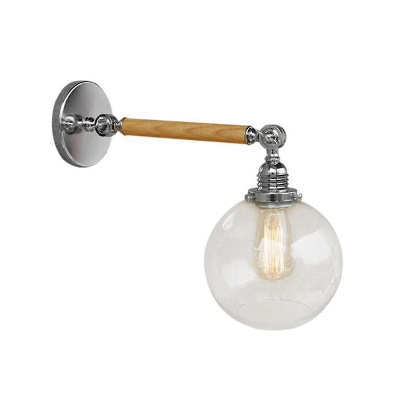 Vintage Orb Wall Lighting Fixture 1 Bulb Clear Glass Sconce Light in Chrome for Bathroom, 8"/4"/6" Wide Wooden Arm Clearhalo 'Industrial wall lights' 'Industrial' 'Middle century wall lights' 'Rustic wall lights' 'Tiffany' 'Wall Lamps & Sconces' 'Wall Lights' Lighting' 161654
