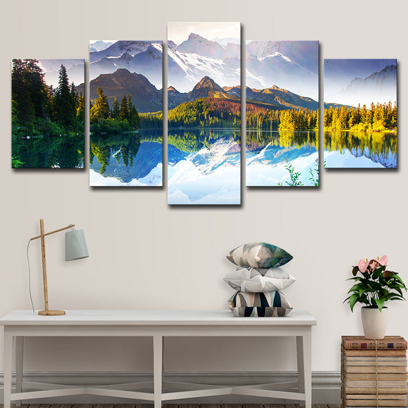 Splendid Mountain Lake Landscape Canvas Wall Art, Green and Blue, Multiple-Piece Clearhalo 'Art Gallery' 'Canvas Art' 'Contemporary Art Gallery' 'Modern' Arts' 1616542