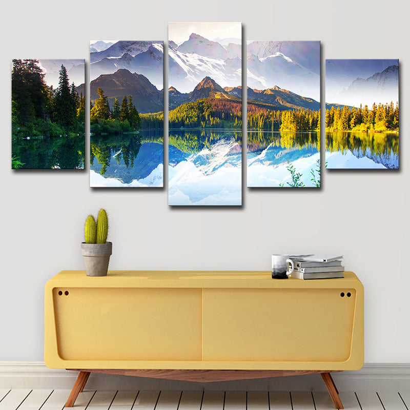 Splendid Mountain Lake Landscape Canvas Wall Art, Green and Blue, Multiple-Piece Clearhalo 'Art Gallery' 'Canvas Art' 'Contemporary Art Gallery' 'Modern' Arts' 1616543