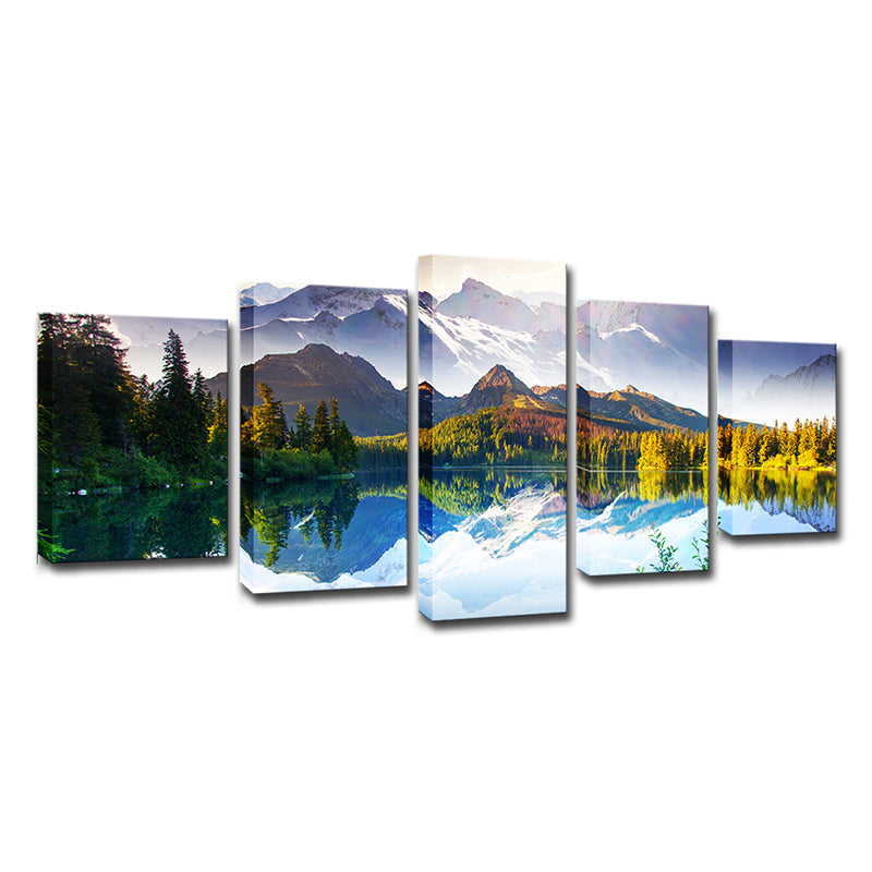Splendid Mountain Lake Landscape Canvas Wall Art, Green and Blue, Multiple-Piece Clearhalo 'Art Gallery' 'Canvas Art' 'Contemporary Art Gallery' 'Modern' Arts' 1616544
