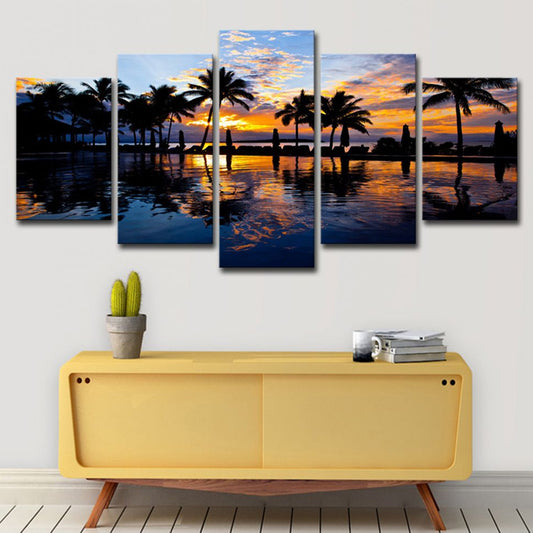 Tropical Sunset View Wall Art Yellow Swimming Pool Canvas Print for Hotel, Multi-Piece Yellow Clearhalo 'Art Gallery' 'Canvas Art' 'Contemporary Art Gallery' 'Modern' Arts' 1616555