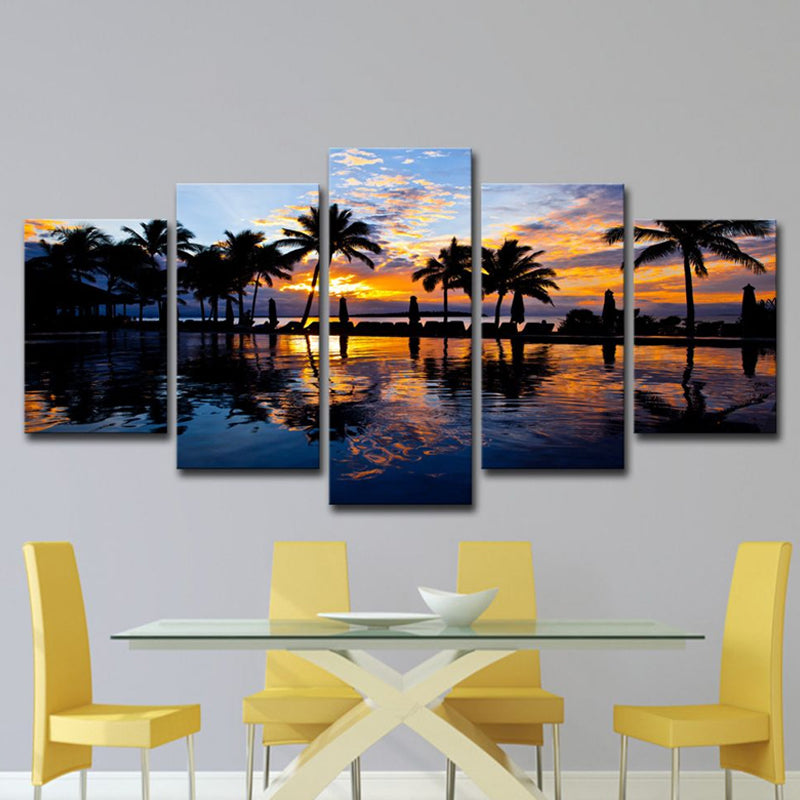 Tropical Sunset View Wall Art Yellow Swimming Pool Canvas Print for Hotel, Multi-Piece Clearhalo 'Art Gallery' 'Canvas Art' 'Contemporary Art Gallery' 'Modern' Arts' 1616556