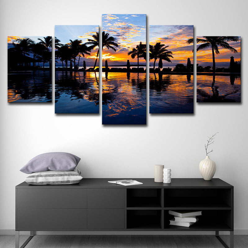 Tropical Sunset View Wall Art Yellow Swimming Pool Canvas Print for Hotel, Multi-Piece Clearhalo 'Art Gallery' 'Canvas Art' 'Contemporary Art Gallery' 'Modern' Arts' 1616557