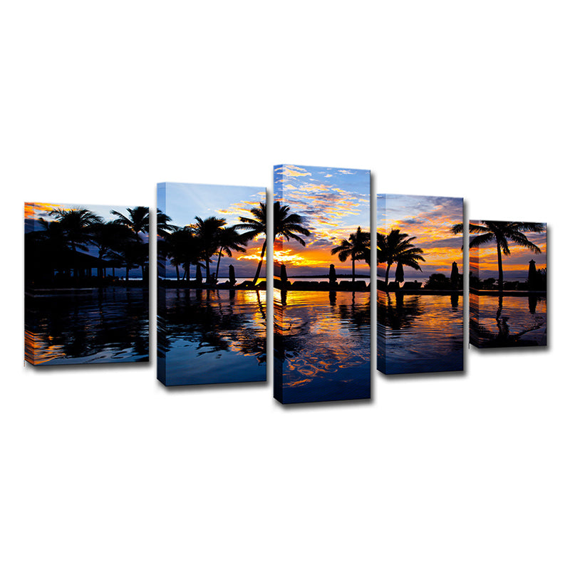 Tropical Sunset View Wall Art Yellow Swimming Pool Canvas Print for Hotel, Multi-Piece Clearhalo 'Art Gallery' 'Canvas Art' 'Contemporary Art Gallery' 'Modern' Arts' 1616558
