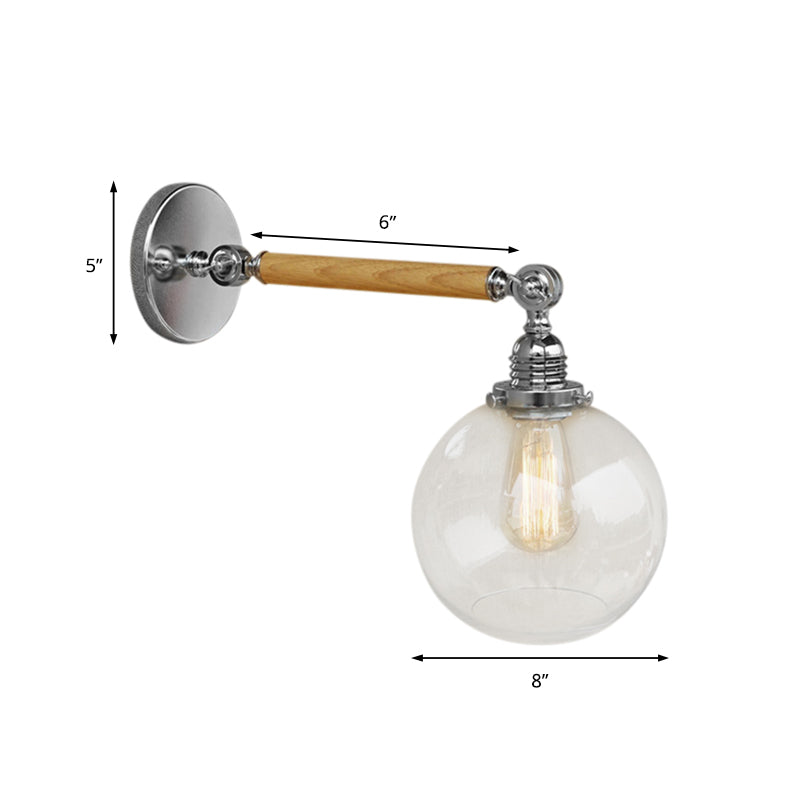 Vintage Orb Wall Lighting Fixture 1 Bulb Clear Glass Sconce Light in Chrome for Bathroom, 8"/4"/6" Wide Wooden Arm Clearhalo 'Industrial wall lights' 'Industrial' 'Middle century wall lights' 'Rustic wall lights' 'Tiffany' 'Wall Lamps & Sconces' 'Wall Lights' Lighting' 161656