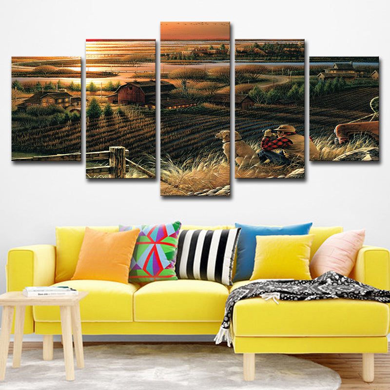 Photo-Print Sunset Farmland Canvas Wall Art for Living Room, Brown, Multiple-Piece Brown Clearhalo 'Art Gallery' 'Canvas Art' 'Contemporary Art Gallery' 'Modern' Arts' 1616562