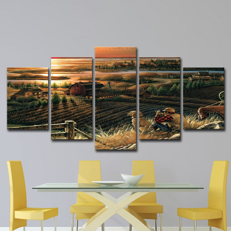 Photo-Print Sunset Farmland Canvas Wall Art for Living Room, Brown, Multiple-Piece Clearhalo 'Art Gallery' 'Canvas Art' 'Contemporary Art Gallery' 'Modern' Arts' 1616563