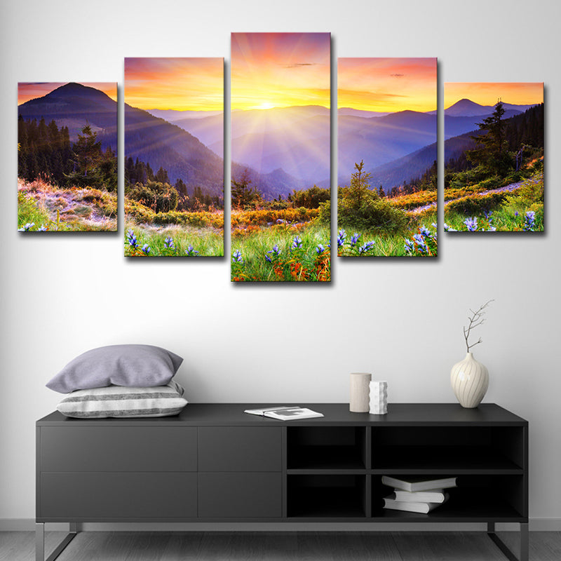 Modern Wrapped Canvas Yellow Sunset View from the Mountain Peak Wall Art, Multi-Piece Yellow Clearhalo 'Art Gallery' 'Canvas Art' 'Contemporary Art Gallery' 'Modern' Arts' 1616569