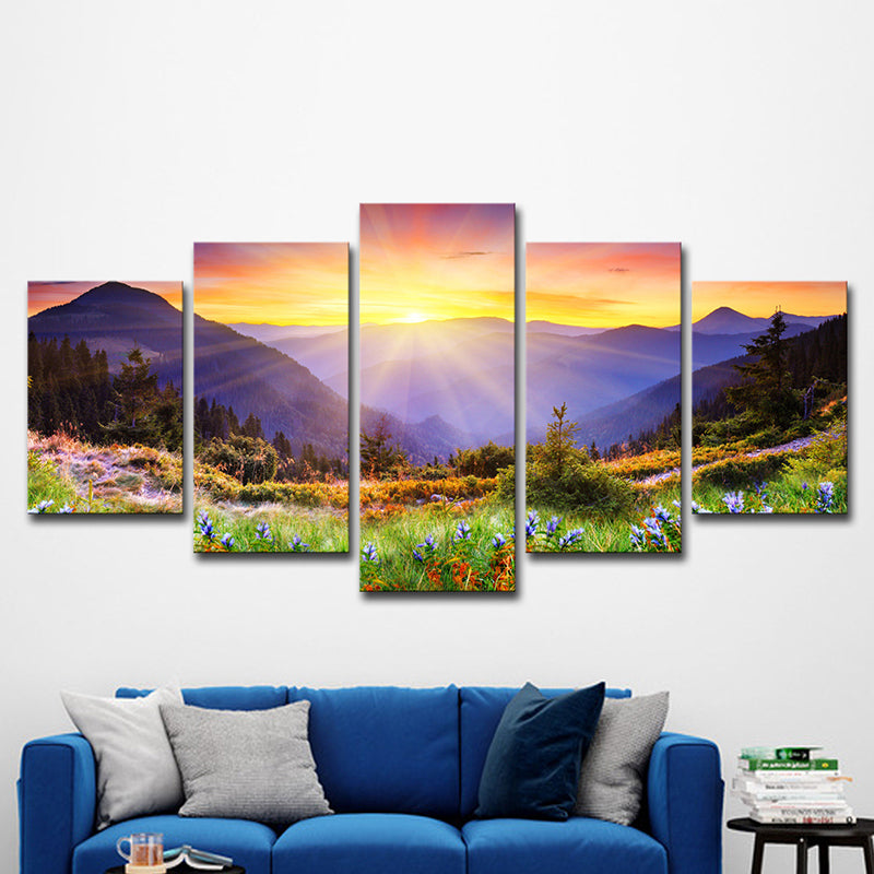 Modern Wrapped Canvas Yellow Sunset View from the Mountain Peak Wall Art, Multi-Piece Clearhalo 'Art Gallery' 'Canvas Art' 'Contemporary Art Gallery' 'Modern' Arts' 1616570
