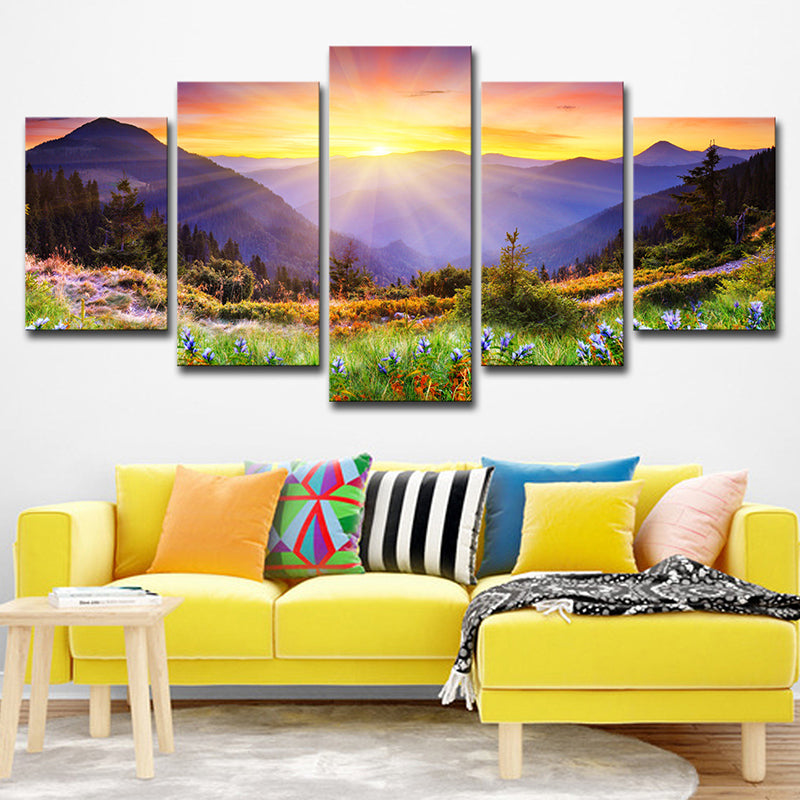 Modern Wrapped Canvas Yellow Sunset View from the Mountain Peak Wall Art, Multi-Piece Clearhalo 'Art Gallery' 'Canvas Art' 'Contemporary Art Gallery' 'Modern' Arts' 1616571