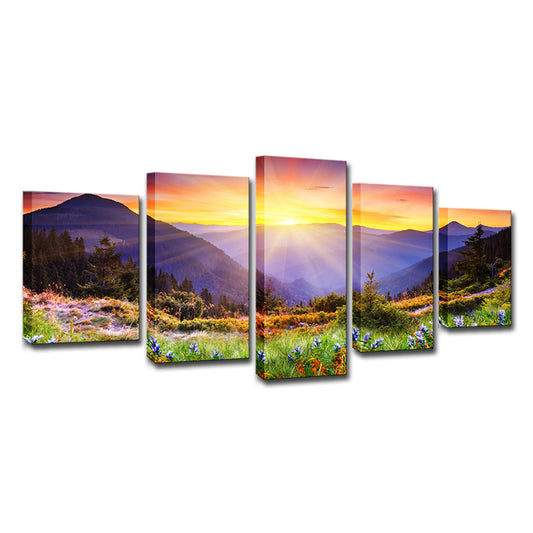 Modern Wrapped Canvas Yellow Sunset View from the Mountain Peak Wall Art, Multi-Piece Clearhalo 'Art Gallery' 'Canvas Art' 'Contemporary Art Gallery' 'Modern' Arts' 1616572