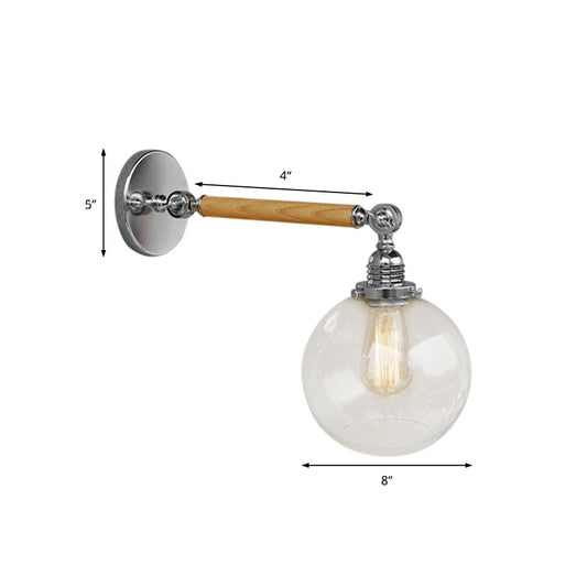 Vintage Orb Wall Lighting Fixture 1 Bulb Clear Glass Sconce Light in Chrome for Bathroom, 8"/4"/6" Wide Wooden Arm Clearhalo 'Industrial wall lights' 'Industrial' 'Middle century wall lights' 'Rustic wall lights' 'Tiffany' 'Wall Lamps & Sconces' 'Wall Lights' Lighting' 161657