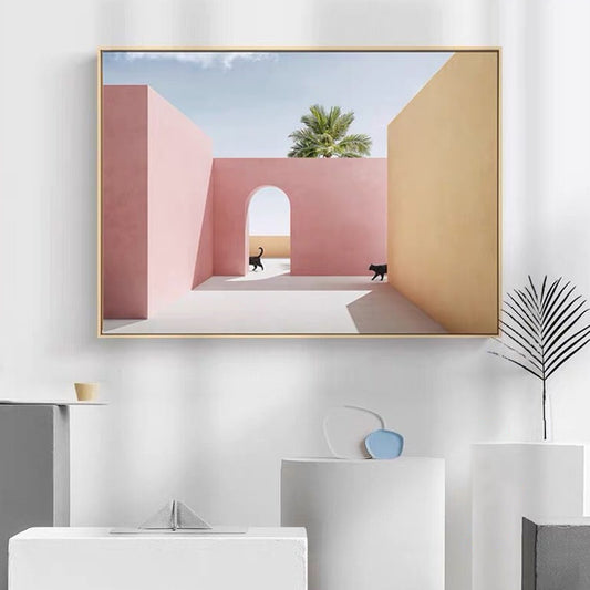 Courtyard Cat Wall Art Print Modern Aesthetic Architecture Canvas Print in Soft Color Pink Clearhalo 'Art Gallery' 'Canvas Art' 'Contemporary Art Gallery' 'Modern' Arts' 1616649