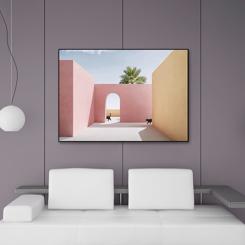 Courtyard Cat Wall Art Print Modern Aesthetic Architecture Canvas Print in Soft Color Clearhalo 'Art Gallery' 'Canvas Art' 'Contemporary Art Gallery' 'Modern' Arts' 1616650