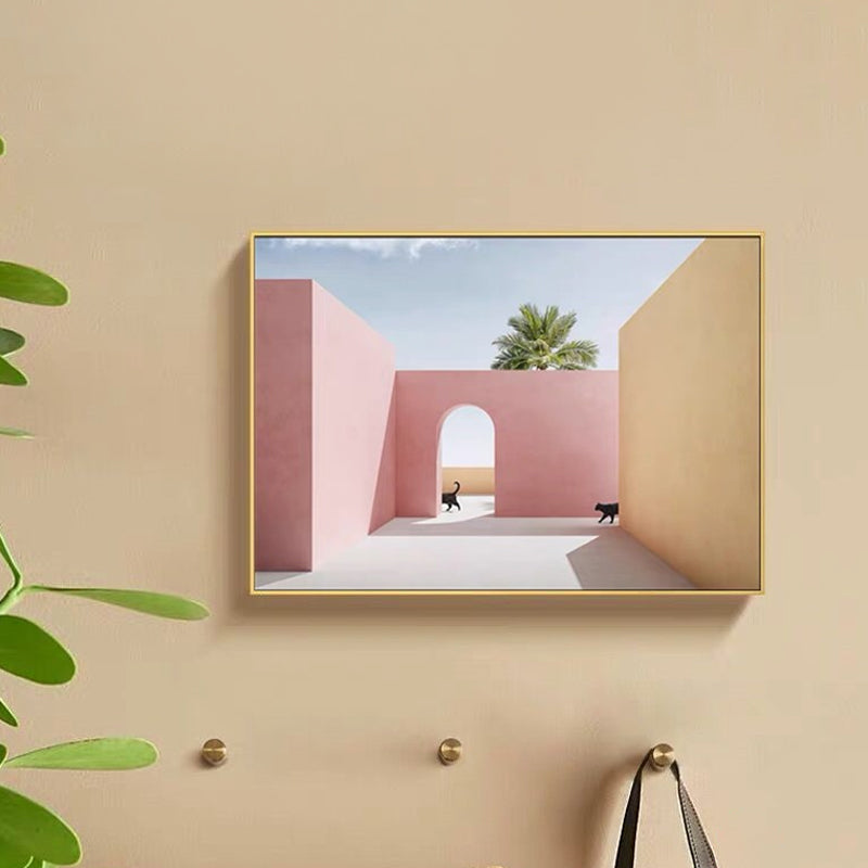 Courtyard Cat Wall Art Print Modern Aesthetic Architecture Canvas Print in Soft Color Clearhalo 'Art Gallery' 'Canvas Art' 'Contemporary Art Gallery' 'Modern' Arts' 1616651