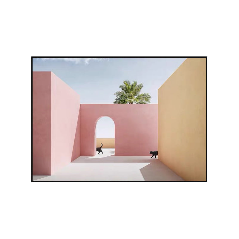 Courtyard Cat Wall Art Print Modern Aesthetic Architecture Canvas Print in Soft Color Clearhalo 'Art Gallery' 'Canvas Art' 'Contemporary Art Gallery' 'Modern' Arts' 1616652