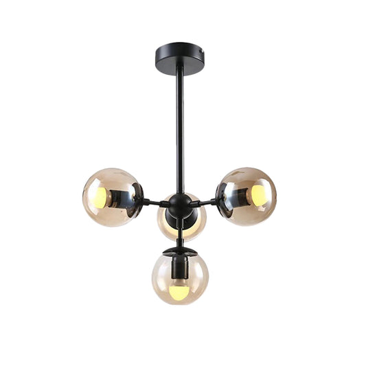 Orb Dining Room Ceiling Chandelier Vintage Amber Glass 4 Lights Black Hanging Fixture Clearhalo 'Ceiling Lights' 'Chandeliers' 'Close To Ceiling Lights' 'Glass shade' 'Glass' 'Industrial Chandeliers' 'Industrial' 'Middle Century Chandeliers' 'Tiffany' Lighting' 161668