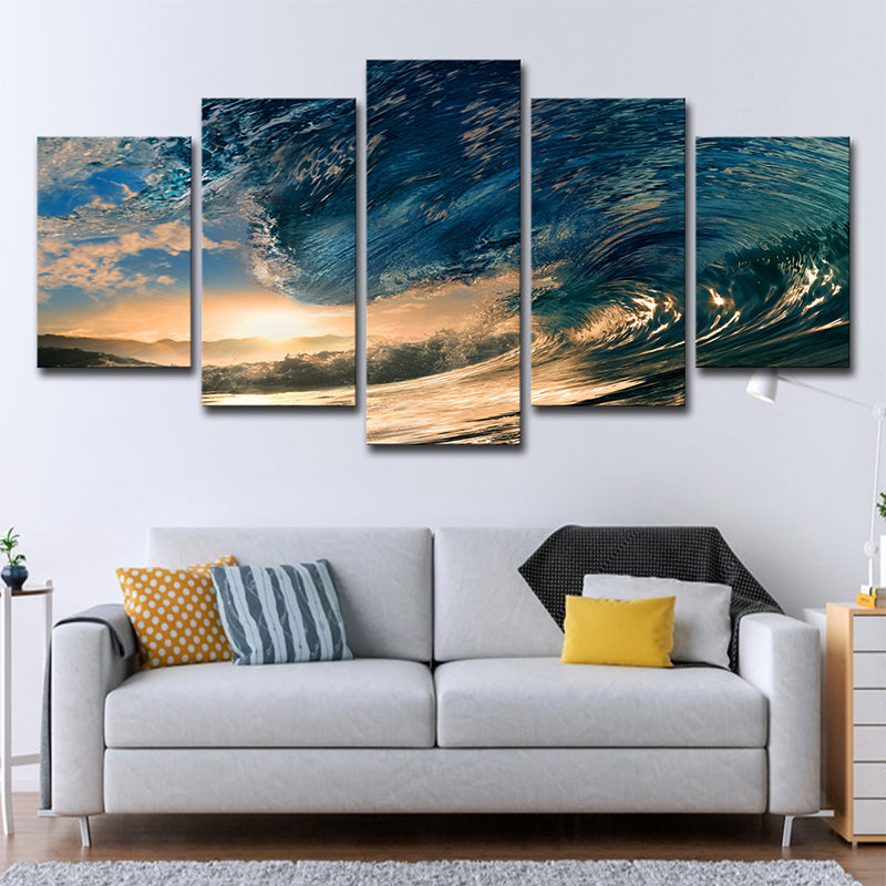Surge and Sunset View Canvas Tropical Multi-Piece Wall Art Print in Blue for Bedroom Blue Clearhalo 'Art Gallery' 'Canvas Art' 'Coastal Art Gallery' 'Nautical' Arts' 1616713
