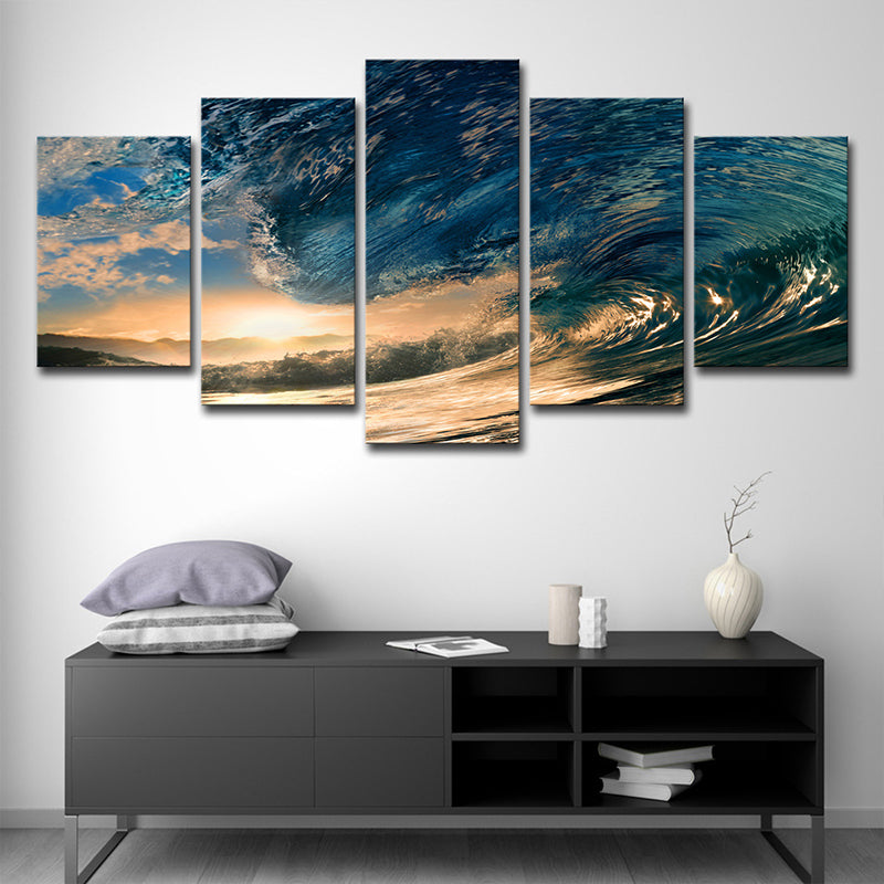Surge and Sunset View Canvas Tropical Multi-Piece Wall Art Print in Blue for Bedroom Clearhalo 'Art Gallery' 'Canvas Art' 'Coastal Art Gallery' 'Nautical' Arts' 1616714